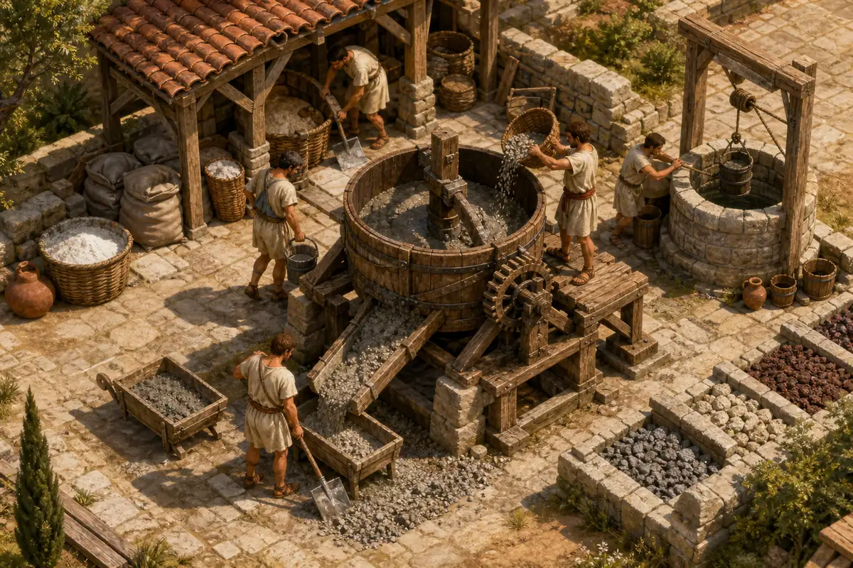 Illustrated Romestead concrete workshop with mixer, well, clay, volcanic ash, and workers