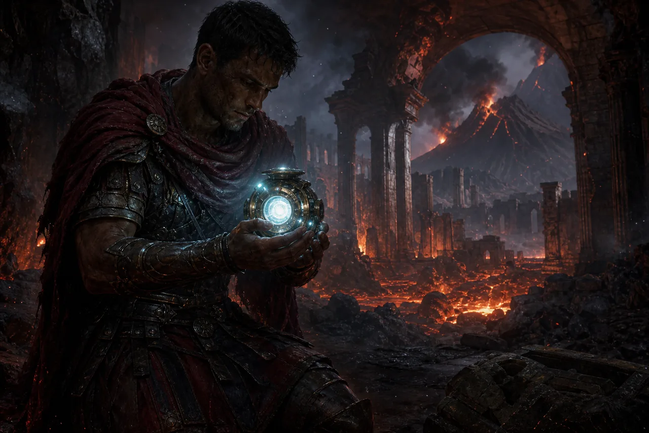Editorial concept illustration of a Roman adventurer holding a glowing Core Vessel in a volcanic ruin