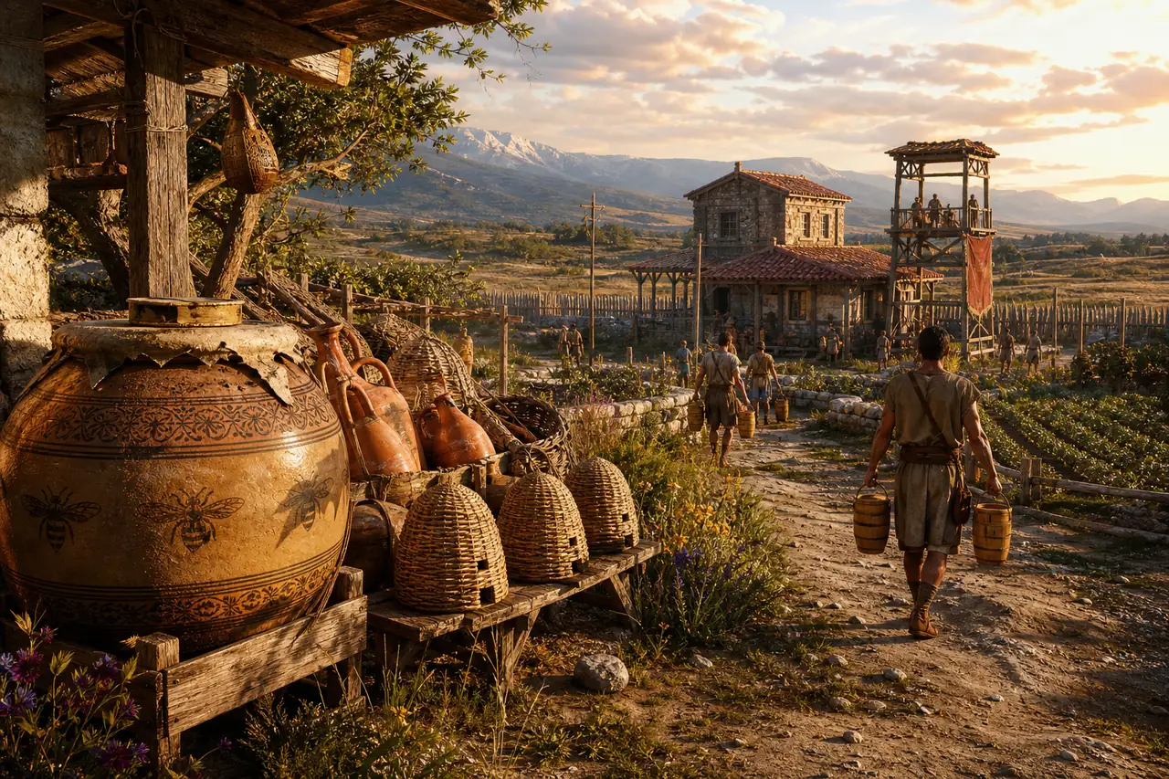 Editorial illustration of a Roman settlement with beehives, ceramic pots, and a Mead Dolium