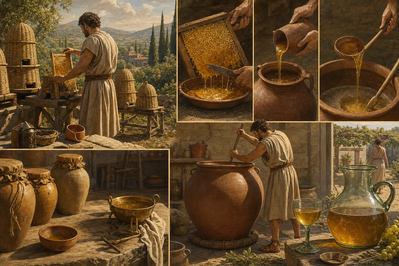 Editorial illustration showing Honey collection and Mead production in ceramic vessels