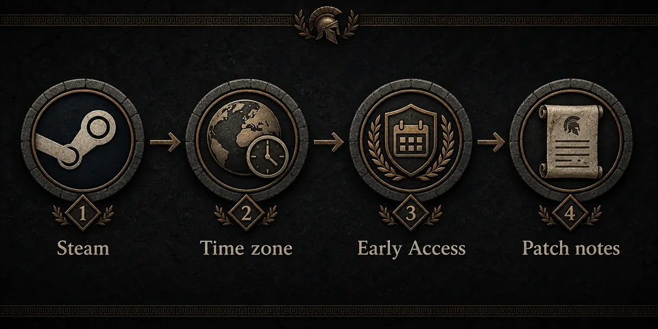 Editorial timeline showing Steam page, time zone, Early Access, and patch notes checks for Romestead