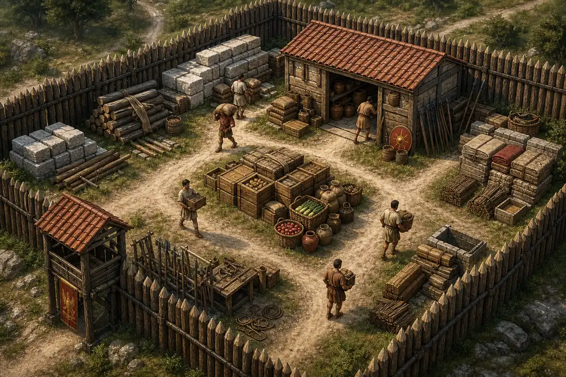 Illustration of Romestead villagers organizing crates, tools, food, and building materials in a Roman survival settlement