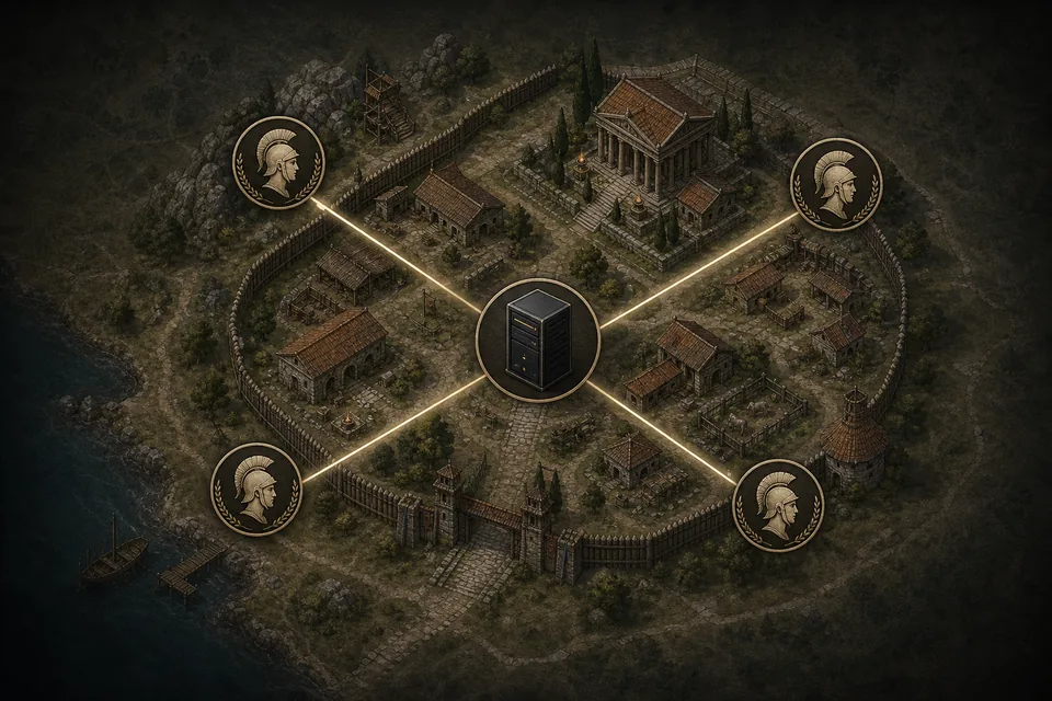 Editorial illustration of a Romestead co-op settlement connected to a dedicated server