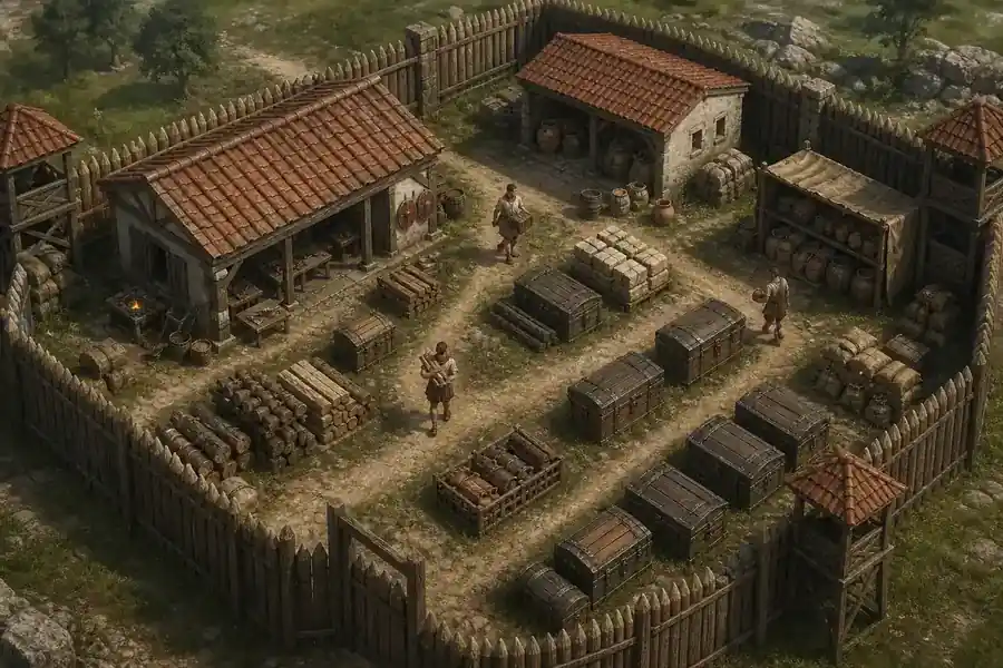 AI-generated explanatory concept illustration of a compact Romestead storage yard with chests and resource stacks