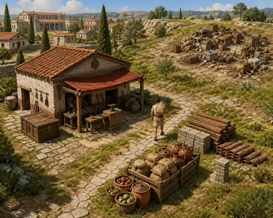 AI-generated explanatory concept illustration of a Romestead workshop with nearby chest and separate cluttered storage route