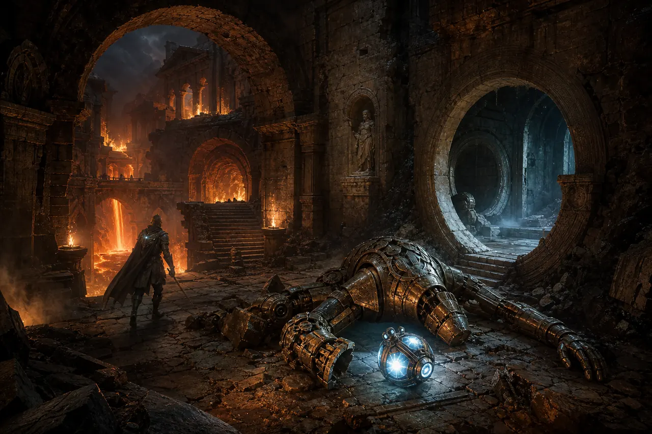 Editorial concept scene of a defeated bronze Talos Prototype beside a glowing Core Vessel