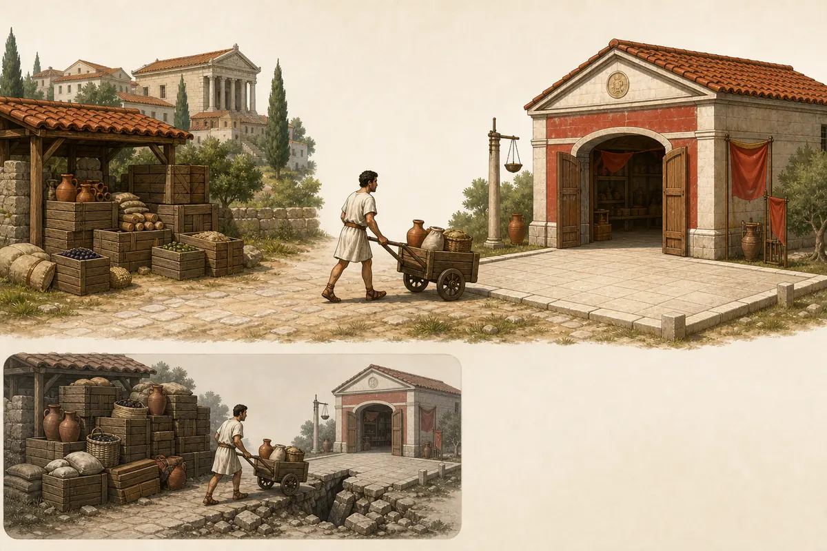Editorial diagram showing a short clear route from storage crates to a Roman trading depot and a blocked-route example