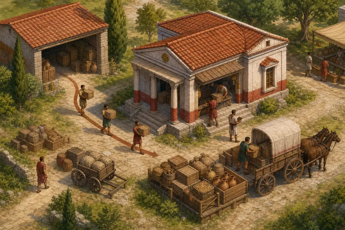 Editorial illustration of a Roman settlement moving crates between storage and a trading post